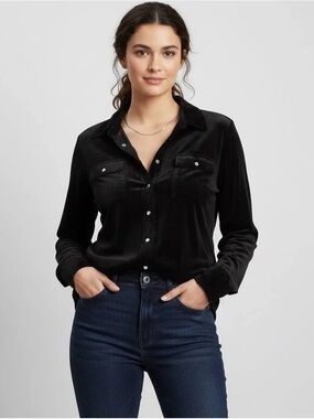 Dark Blue Velvet Long-Sleeve Button-Up Shirt